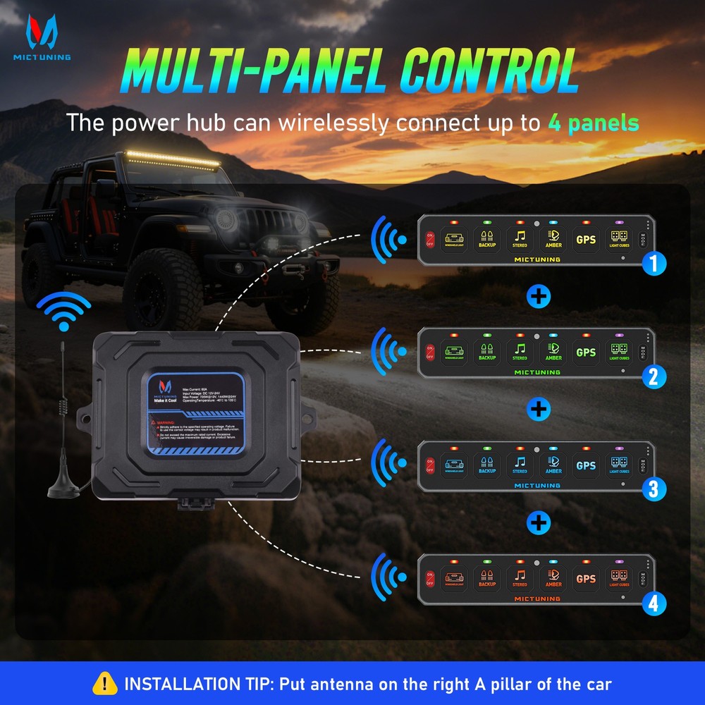 MICTUNING RGB Wireless 6 Gang Switch Panel Toggle Momentary Control System Box