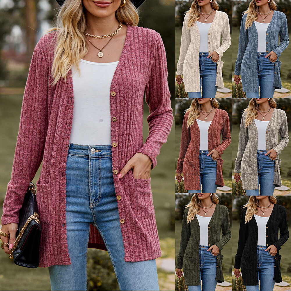 Womens Cardigan Long Sleeve Open Front Draped Sweater Button-Down Basic Cardigan