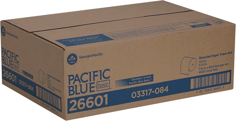 Pacific Blue Basic Recycled Paper Towel Rolls - 800 Feet, 6 Count, Eco-Friendly