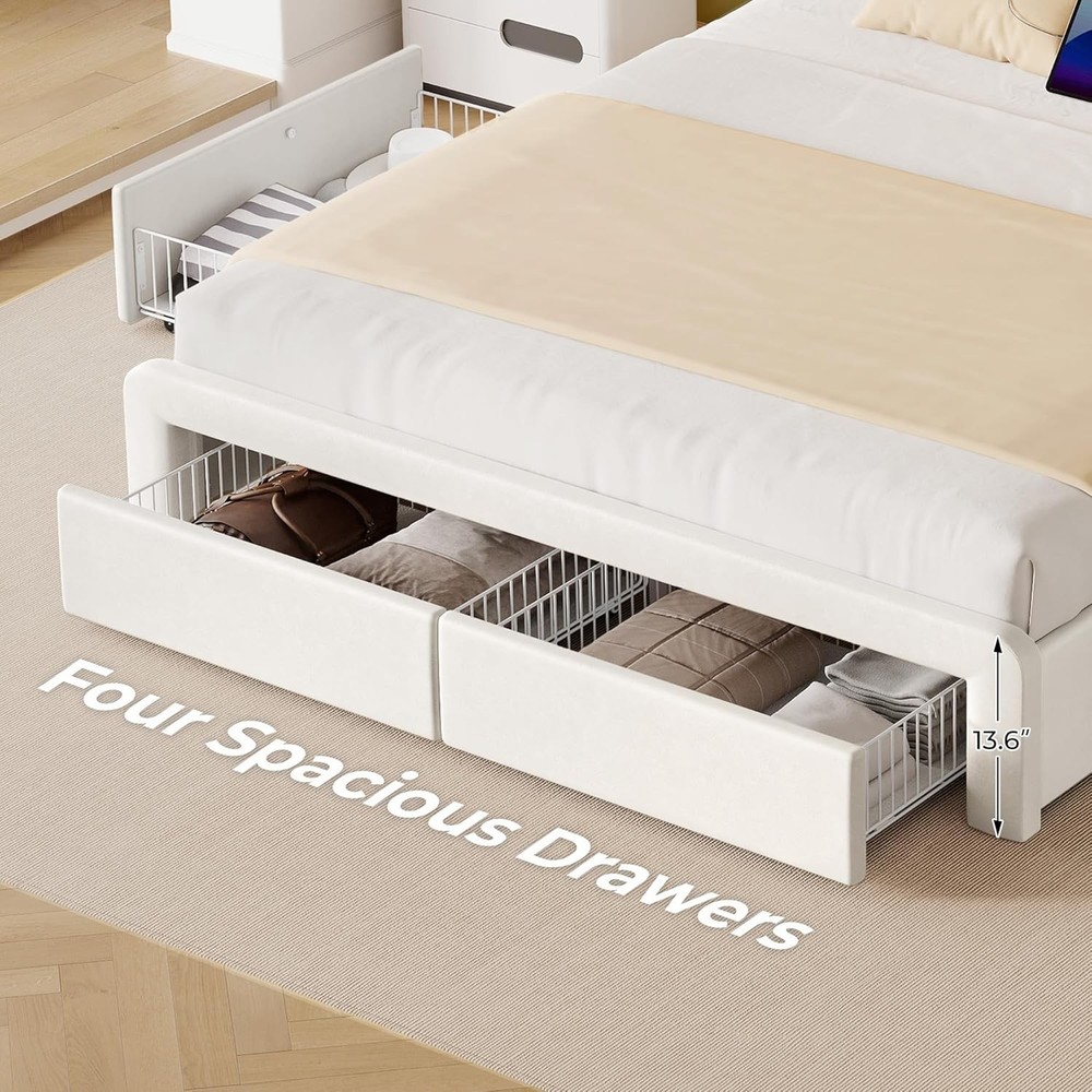 Queen Size Bed Frame with 4 Storage Drawers & LED Lights