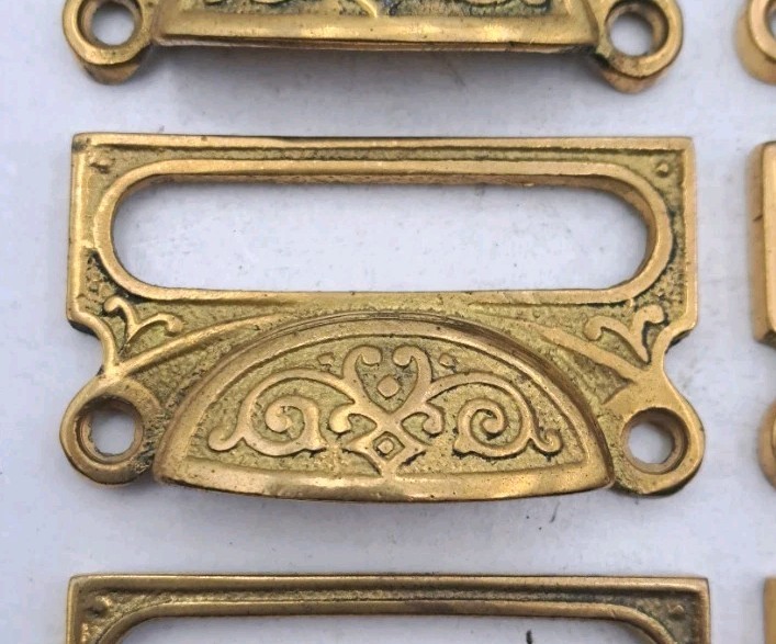 Card Label Bin Pulls Drawer Pull Handle Cast Brass Antique Reproduction Set of 6
