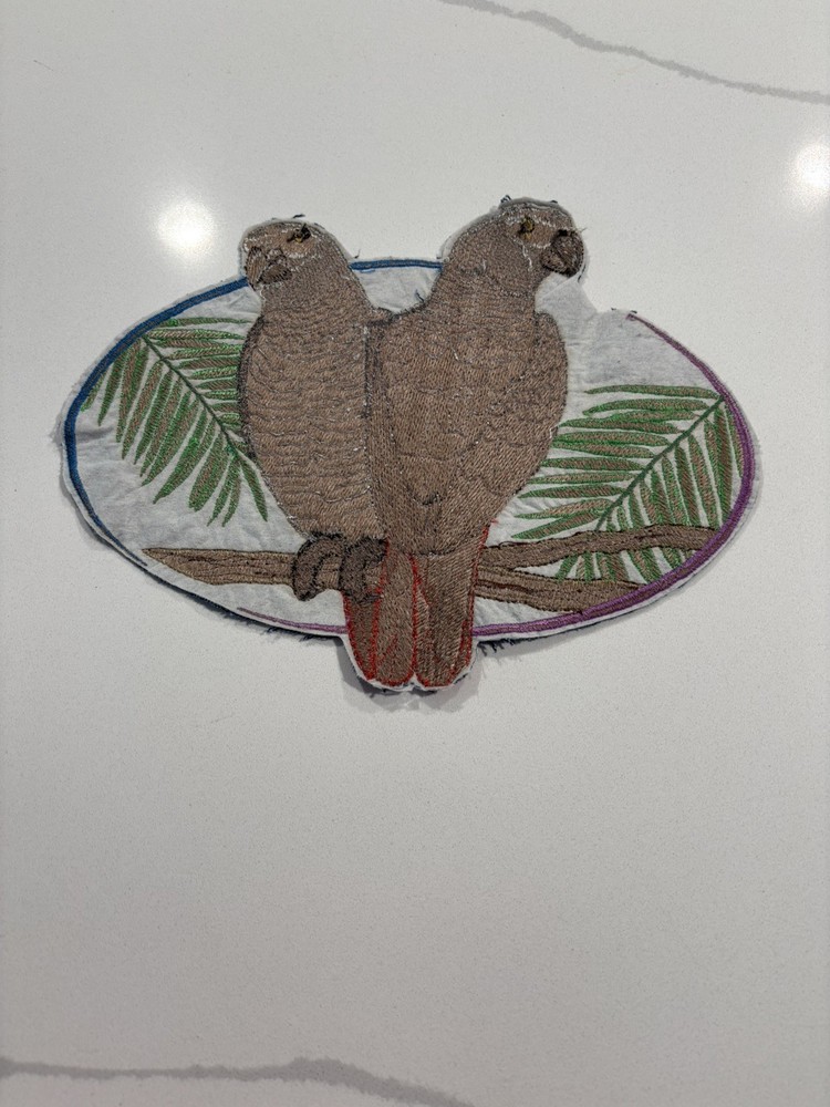 (2) Hanging Congo African Grey Parrot Perching On Branch & Embroidered Patch