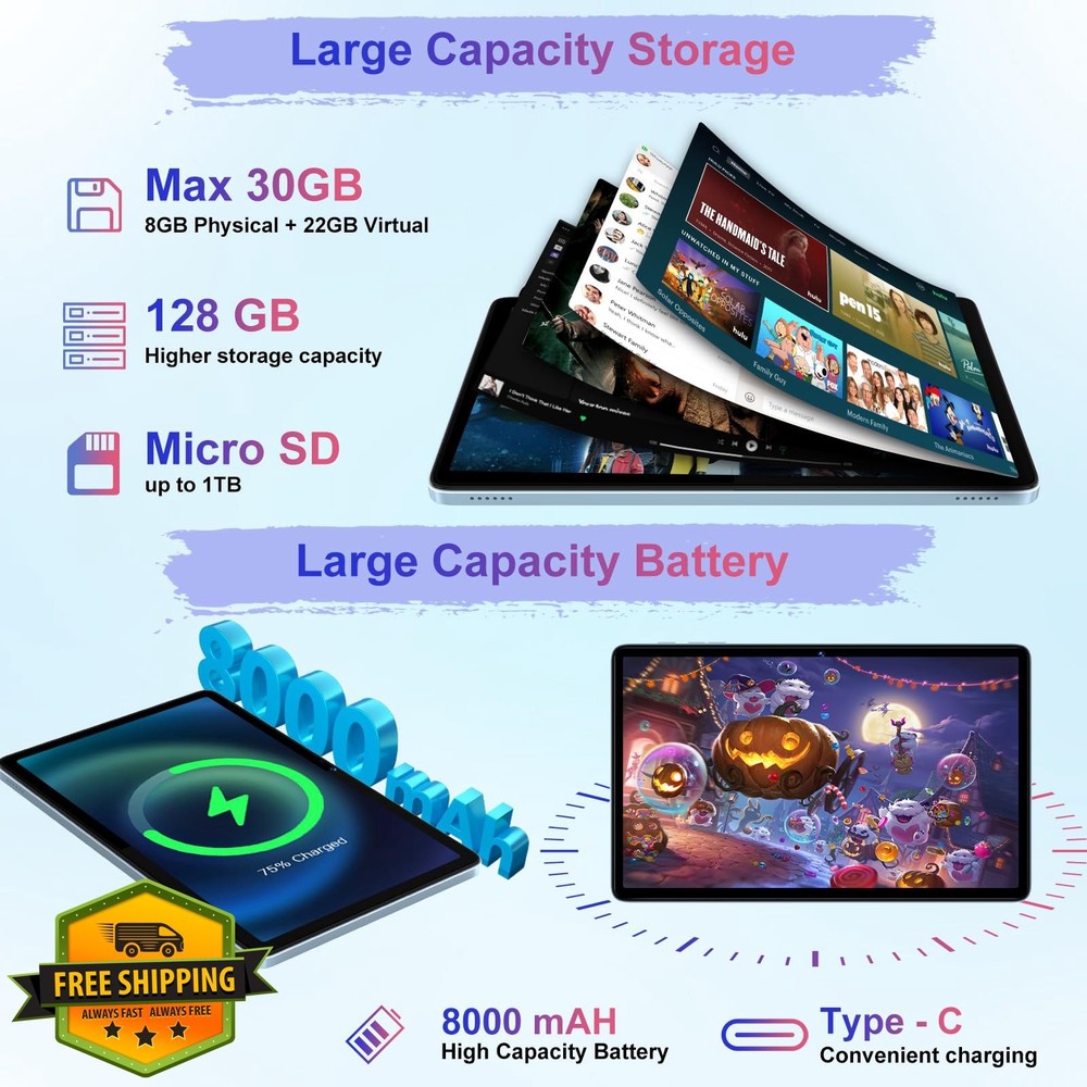 Android Tablet 10.1" 30GB+128GB Gemini AI Keyboard Mouse Blue