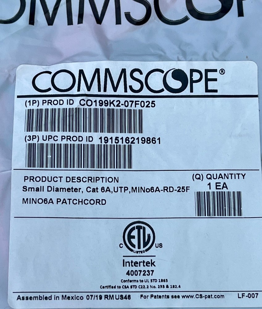 Commscope CO199K2-07F025 MINO6a Red 25ft Patch Cord Cable