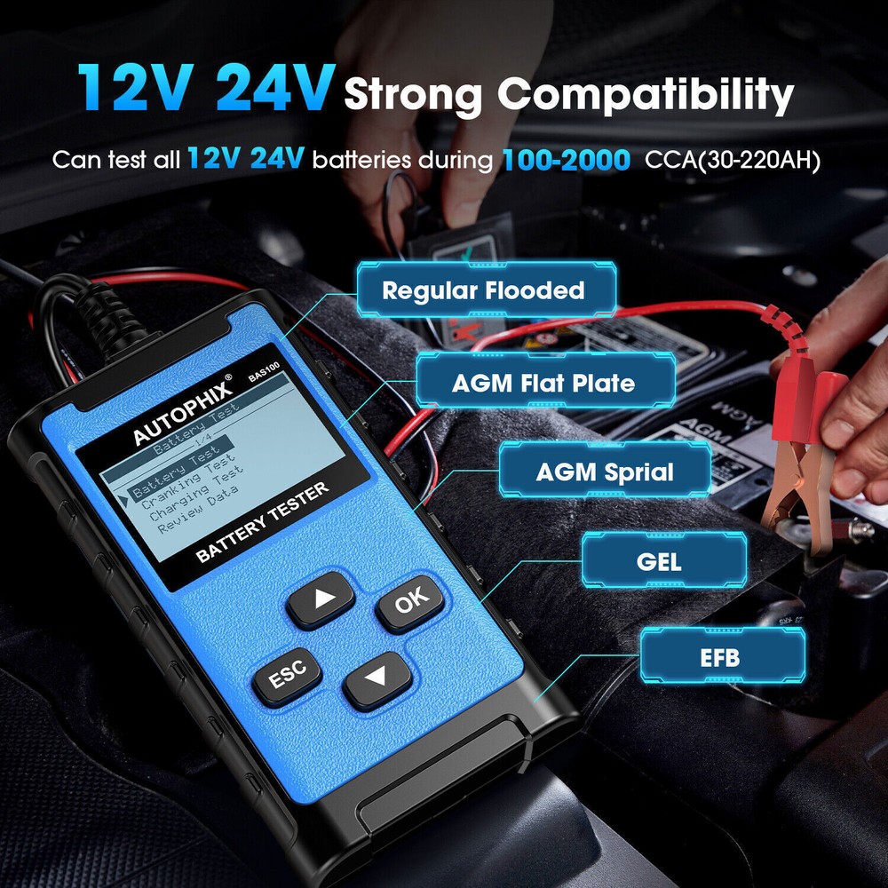 AUTOPHIX BAS100 12V 24V Car Battery Load Tester Charging System Analyzer 2000CCA
