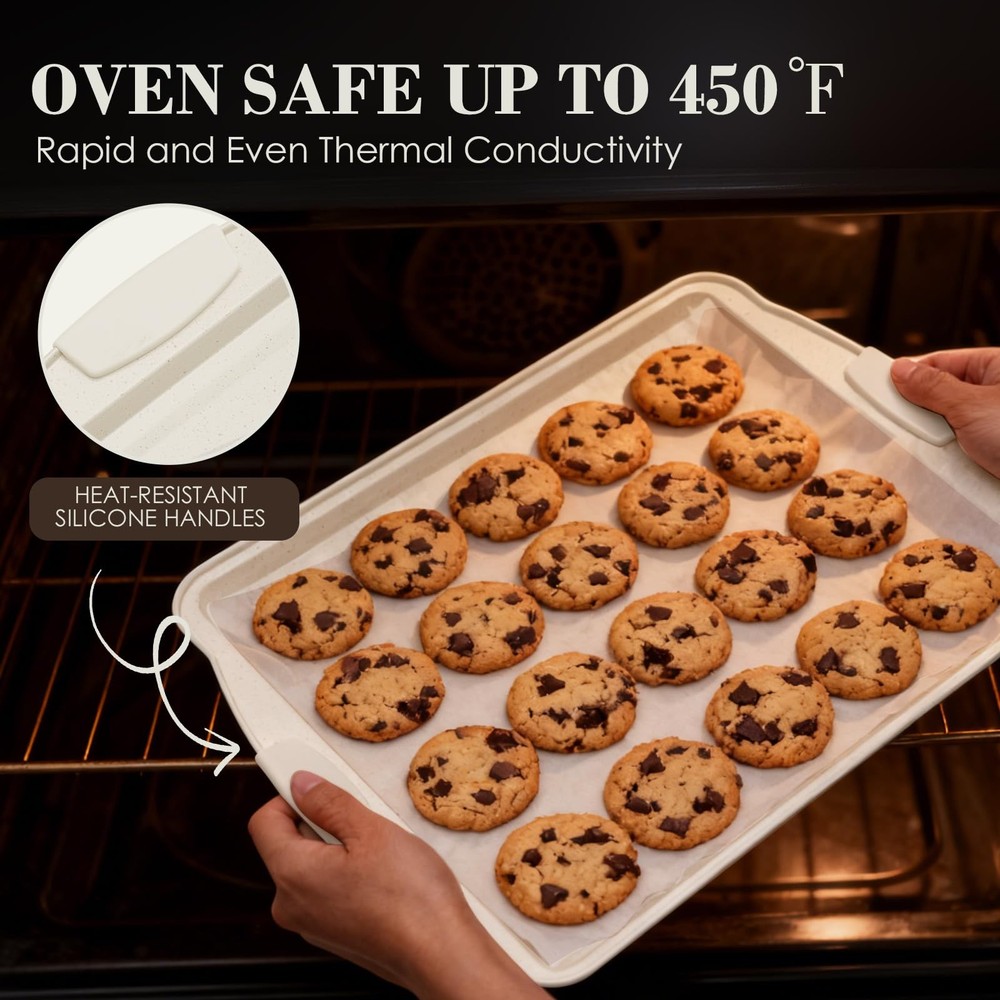 Baking Pans Set Nonstick, Stackable Bakeware Sets with Silicone 22PCS, Cream