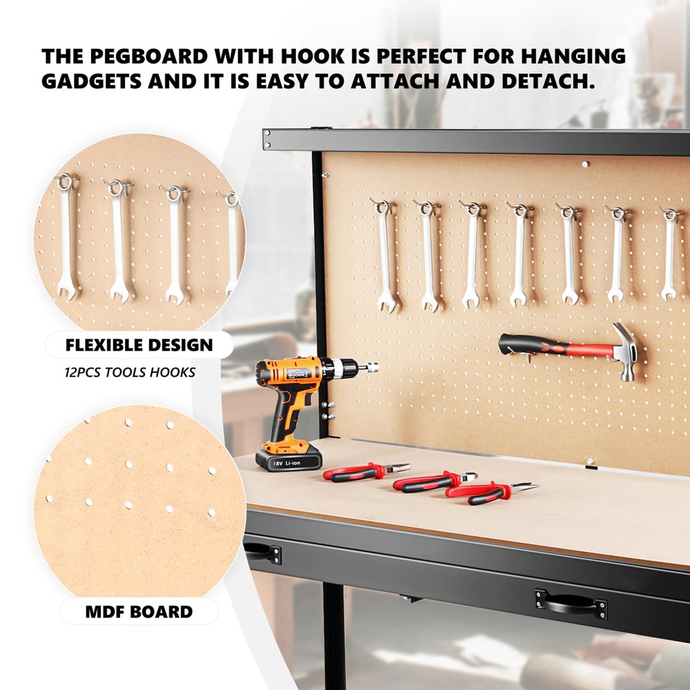 47" Heavy Duty Workbench Adjustable Height Work Table 300lbs Load w/ Drawer