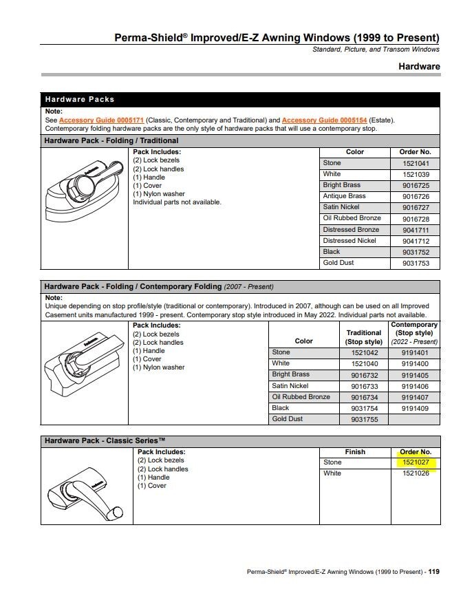 Andersen 1521027 Hardware Pack Perma-Shield ® Improved/E-Z Awning Windows 1999 -