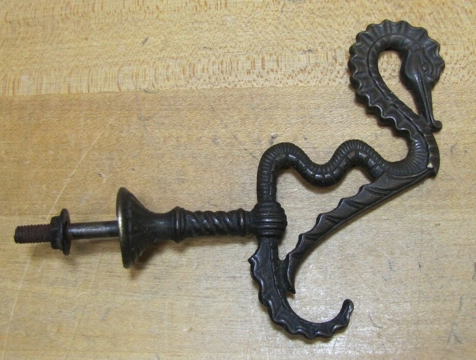 SeaHorse Serpent Antique 19c Bronze Hanger Bracket Hook Ornate Hardware Element