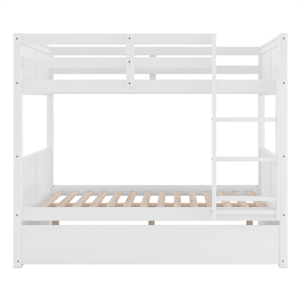 Full Over Full Bunk Bed with Twin Size Trundle White Easy Conversion for Bedroom