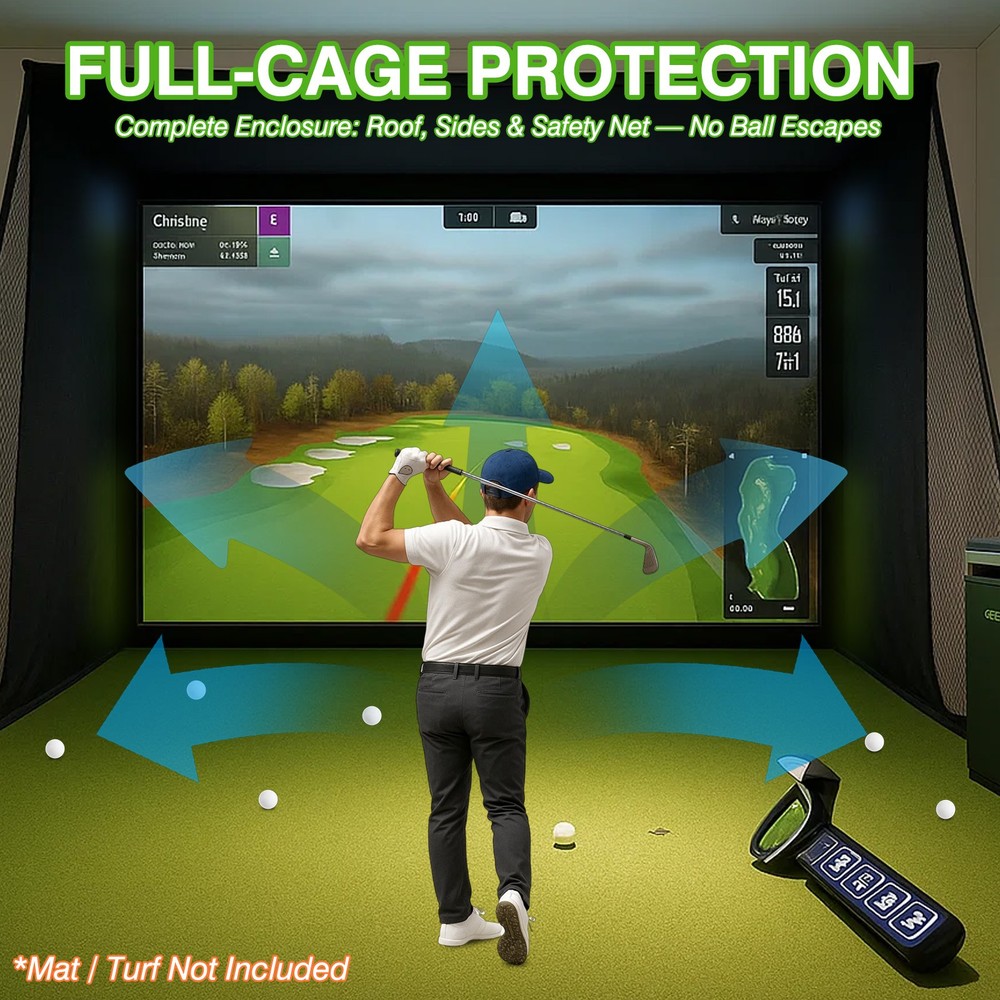 Golf Simulator Cage 10 × 8 ft Golf Enclosure Nets HD Impact Projection Screen