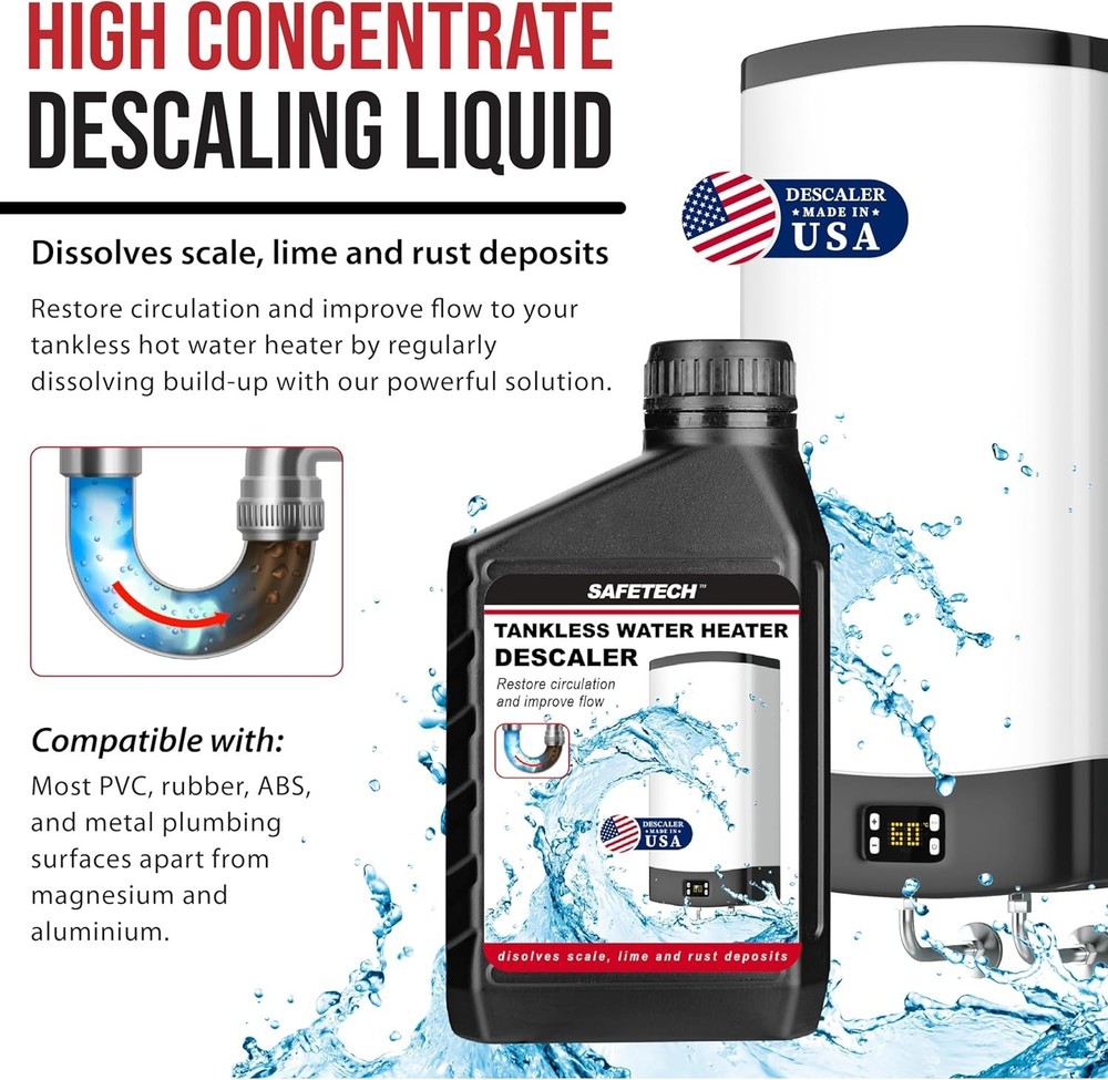 Safetech Tankless Water Heater Flushing Kit with Screw-Top Lid, Quart Descaler