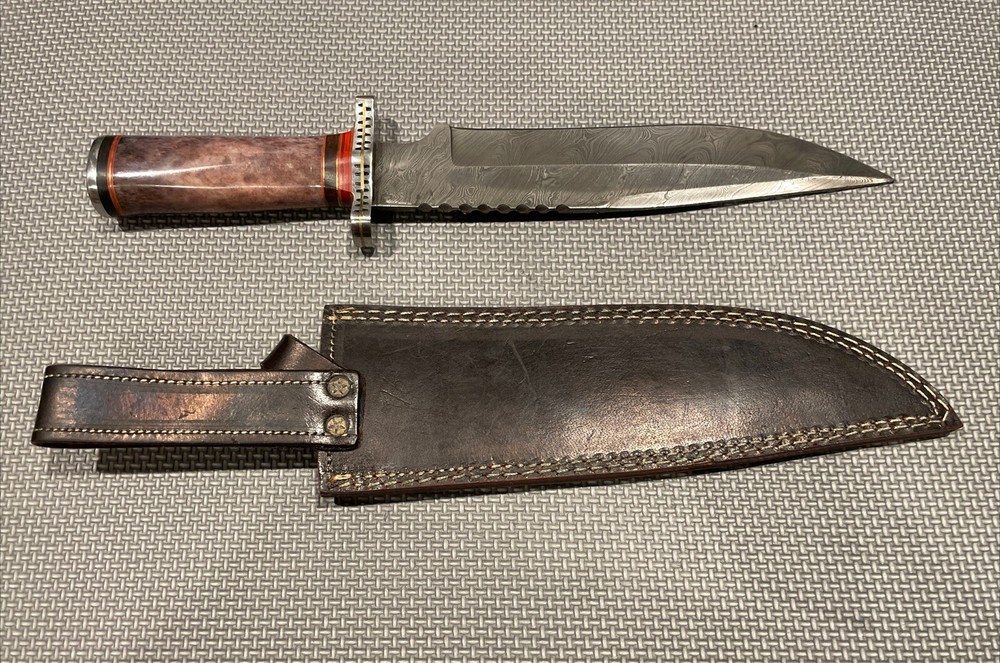 CUSTOM DAMASCUS BOWIE HUNTING KNIFE With GUARD STAINED-BONE HANDLE