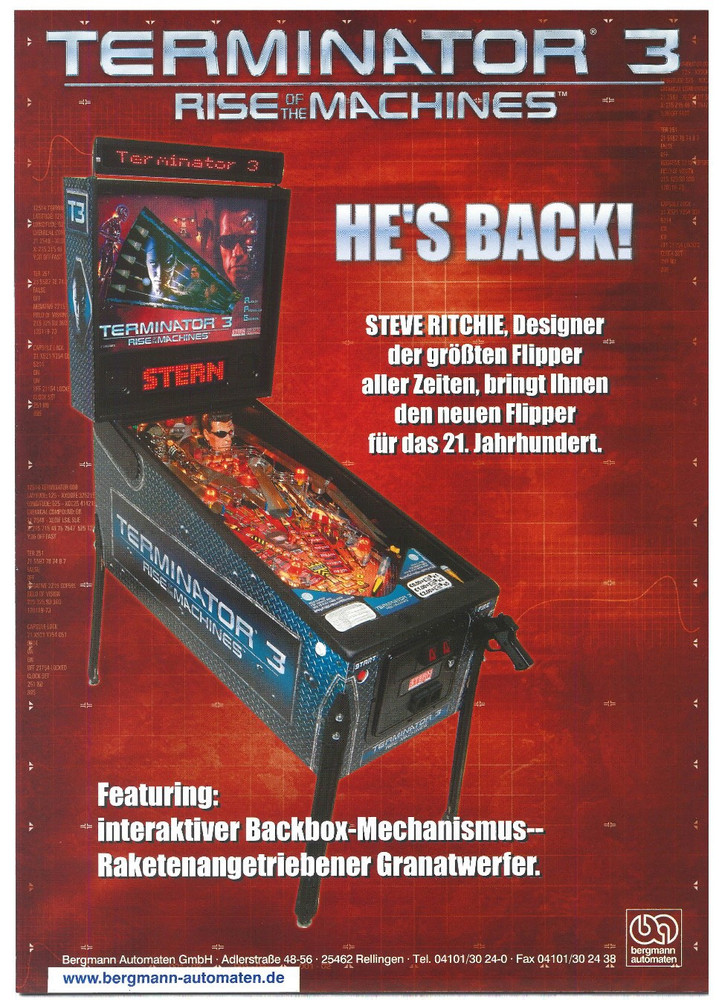 Terminator 3 Stern Pinball Flyer / Brochure / Ad German Version A4 Size