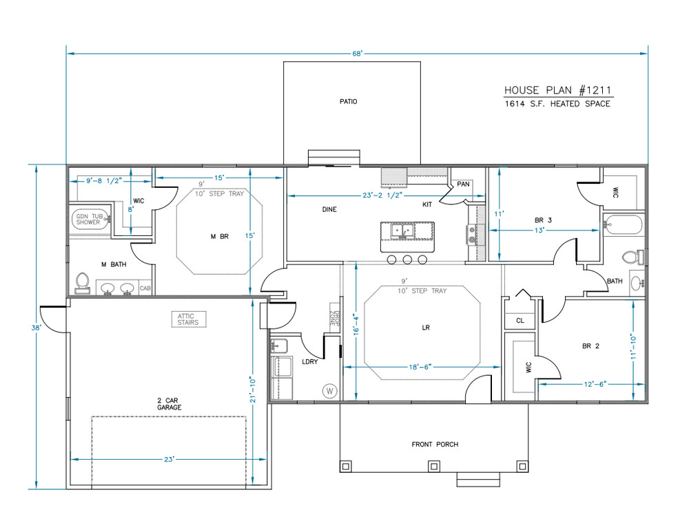 Ranch House Plans 1614 SF 3 Bed 2 Bath Split BR - #1211 Open Floor (Blueprints)