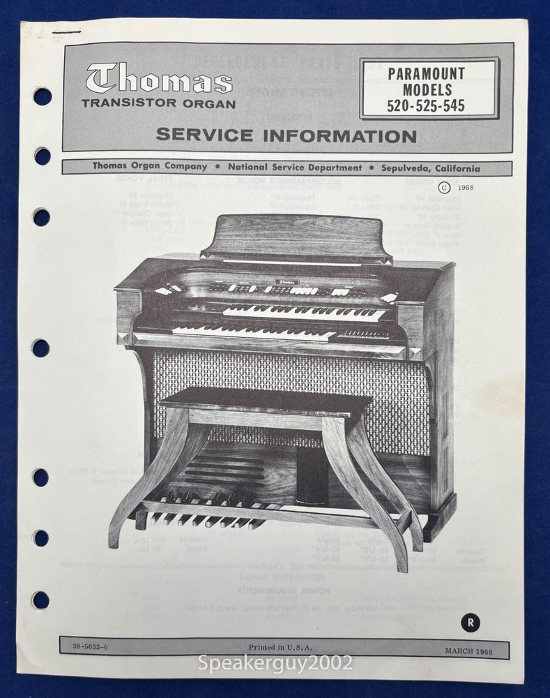Original Thomas Organ / Paramount 520 525 545 / Service Info Manual