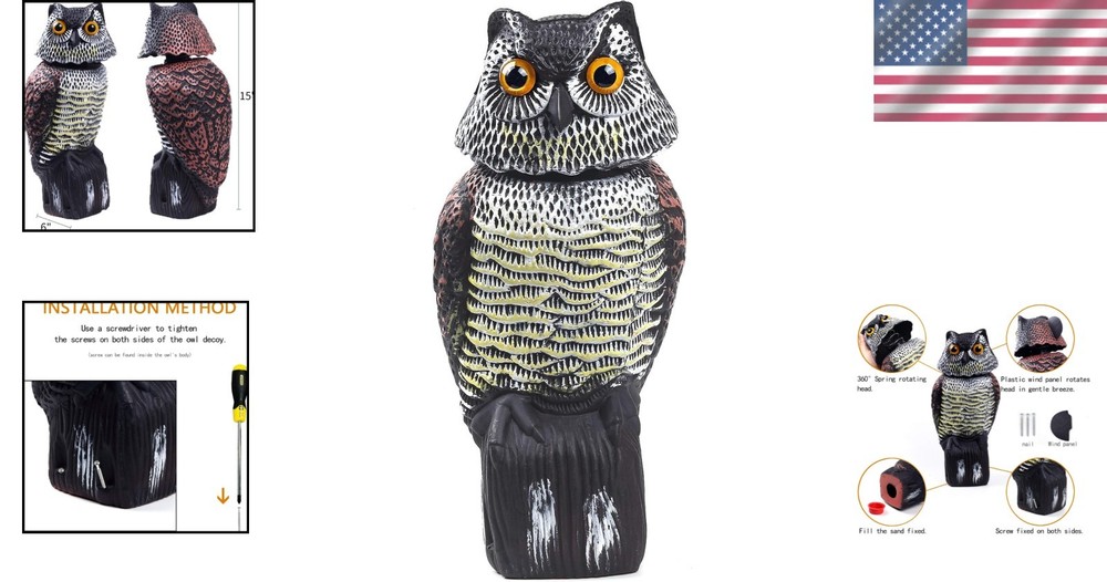 Realistic Rotating Head Owl Decoy for Bird & Pest Deterrence