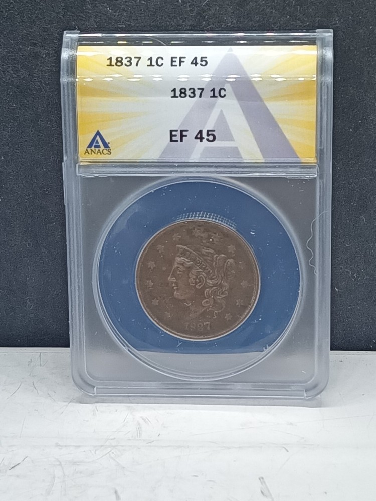 1837 Large Cent Liberty Head Graded ~ All Original ~ ANACS Grade EF45