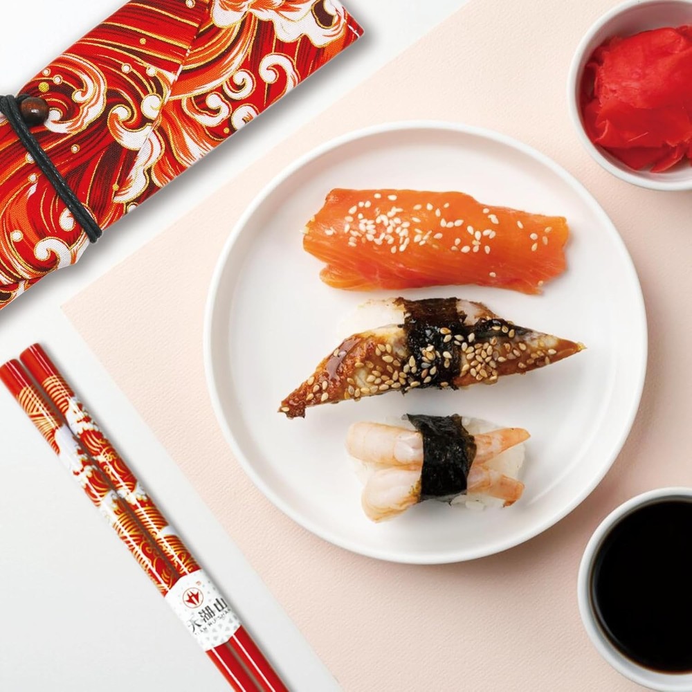Chopsticks Reusable with Case, Bamboo Chopstick Gift Set Red Ocean Wave Pattern