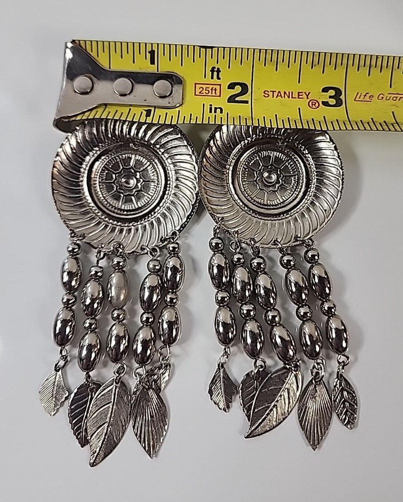 Concho Post Earrings w/Articulating Silver Feathers, 3” Long