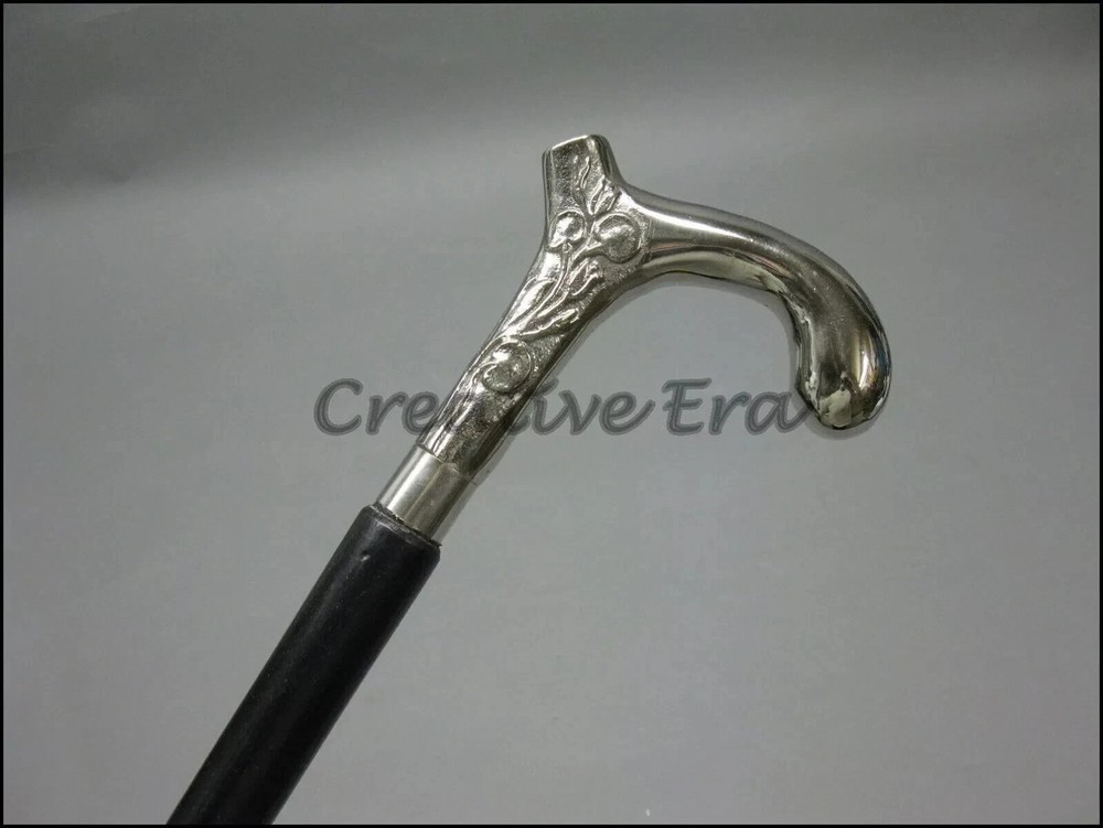 Vintage Brass Silver Designer Head Handle Walking Cane Solid Wooden Black Stick