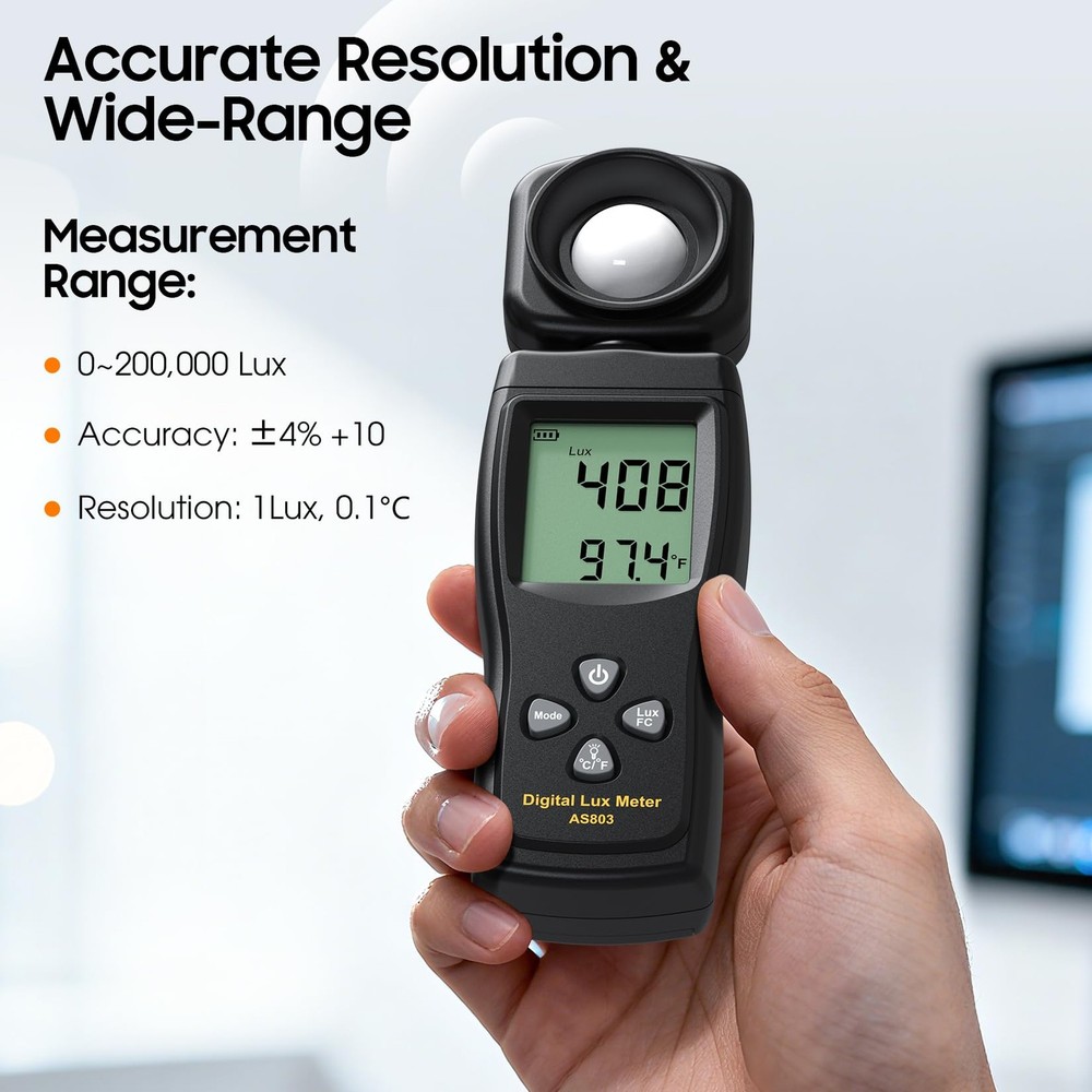 Digital Illuminance Light Meter, 0~200,000 Lux Range with 180º Rotating Senso...