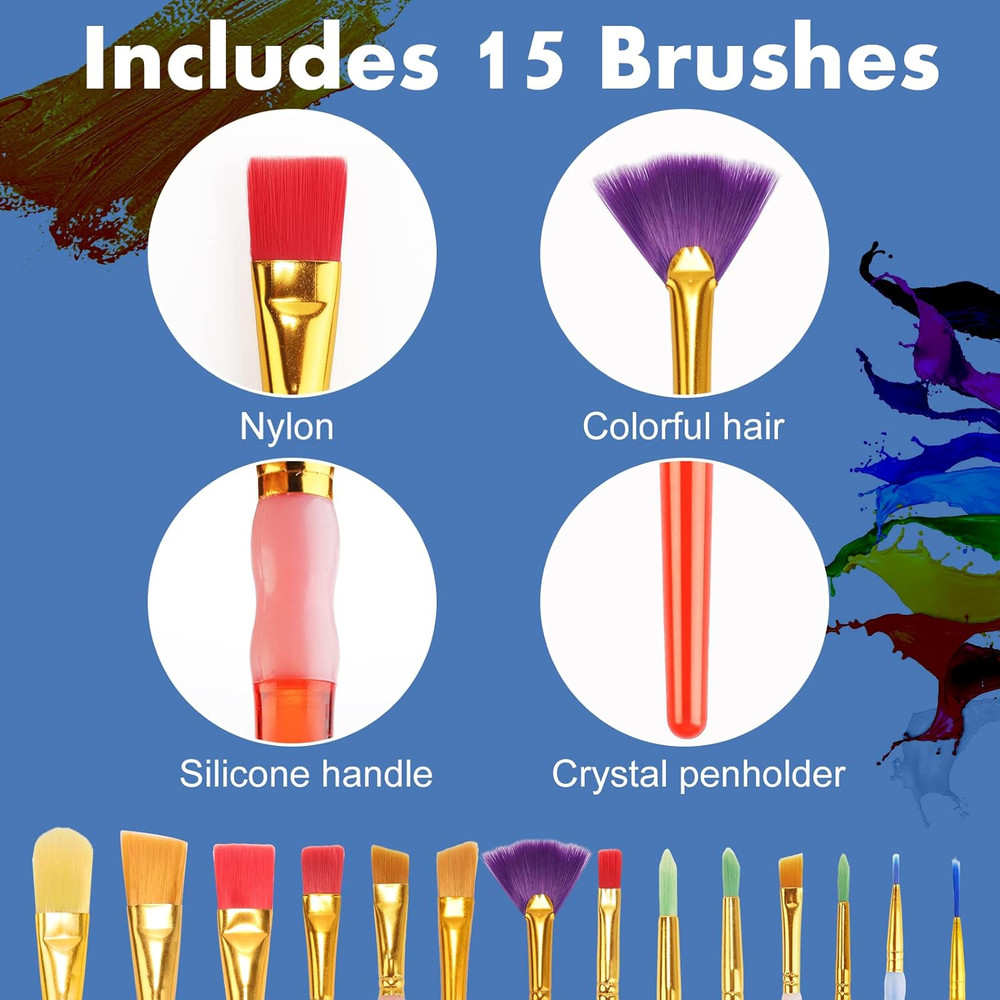 15Pcs Paint Brushes Value Pack, Includes 15 Different Types of Brushes, Nylon Co