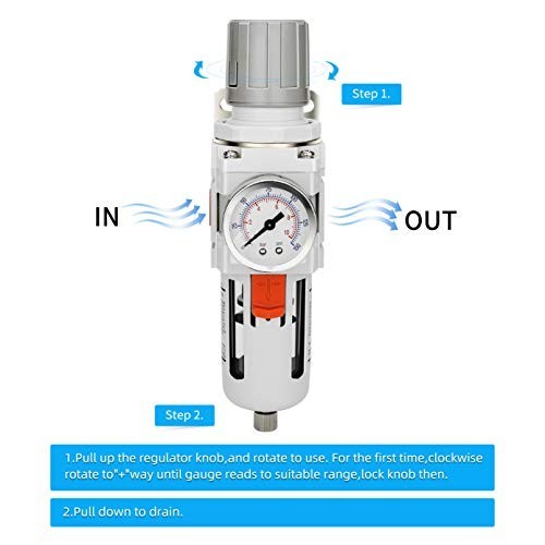 1/2" NPT Air Filter Regulator Combo, 5 Micron Brass Element, Poly Bowl, Semi-Aut