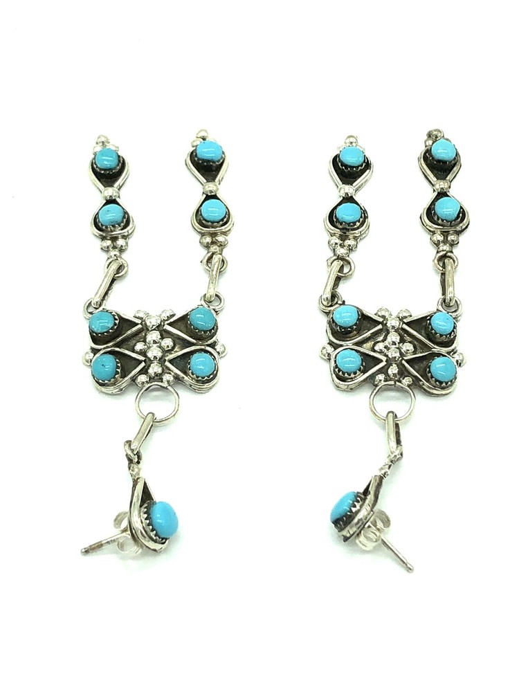 Native American Sterling Silver Handmade Zuni Turquoise Dangle Earring