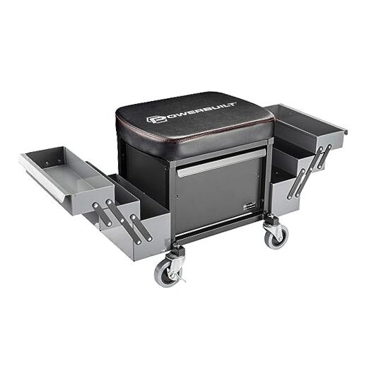 Rolling Seat with Roller Toolbox Garage Stool - Grey Expandable Tool Trays