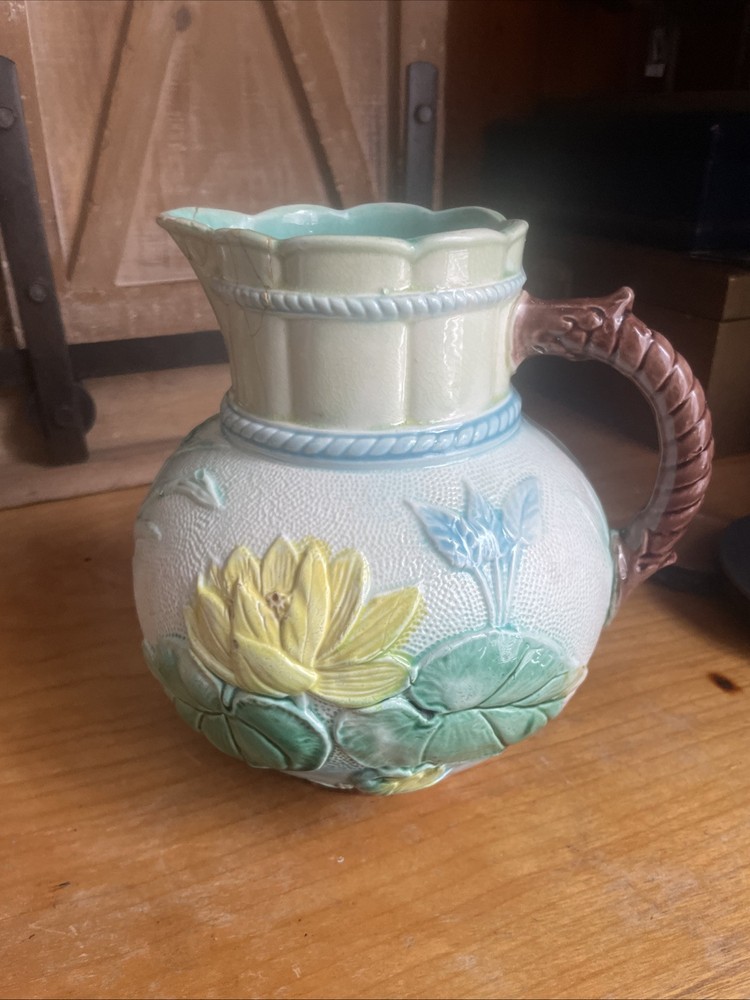 Antique Majolica Samuel Lear Pond Lily & Rope Handled Pitcher #2