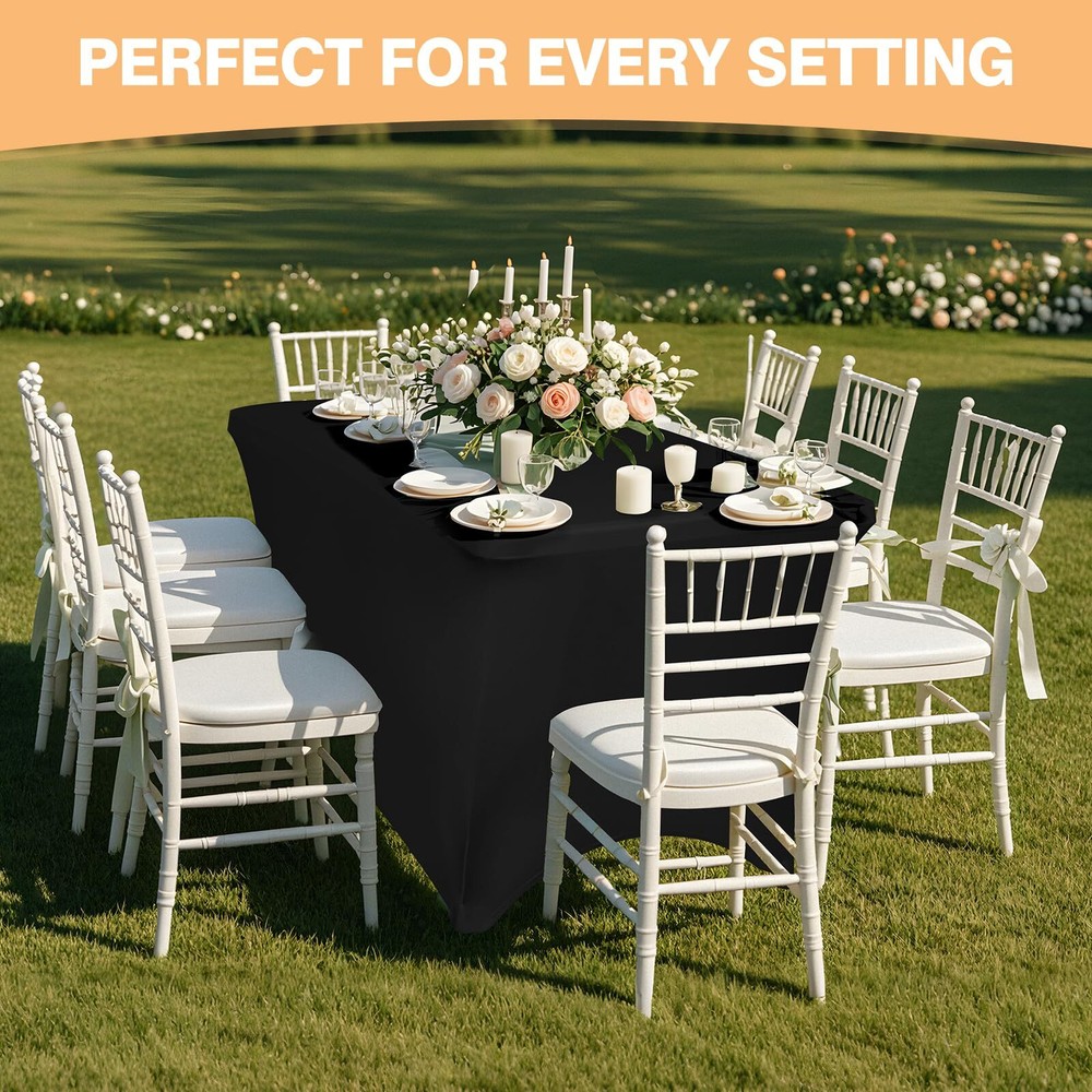 2 Pack 6 Feet Black Spandex Tablecloth for Rectangular Tables Fitted & Stretc...