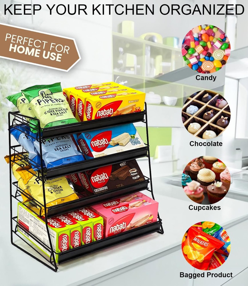 Candy Display Rack, 4 Tier Organizer, Snack Organizer for 4 Tire, Black