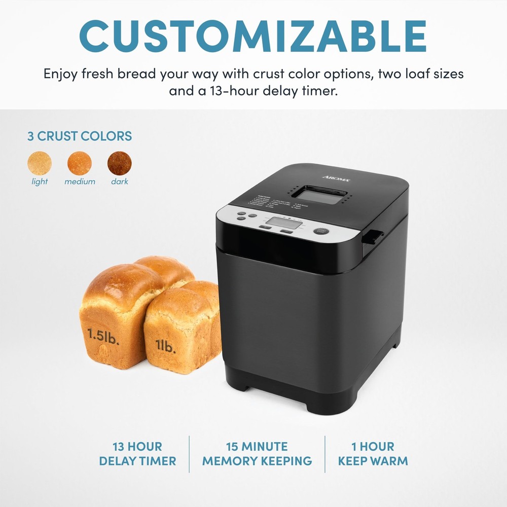 AROMA® 1.5lbs. Digital Bread Maker with Crust Customization, Clear-View Lid