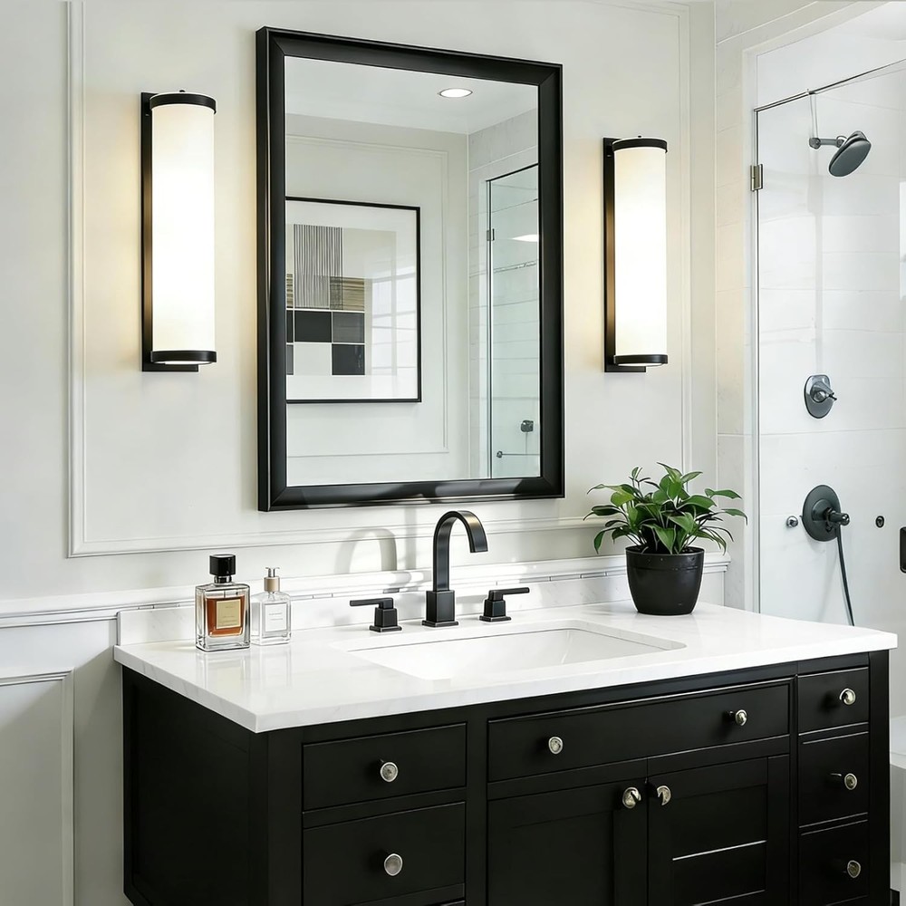 Black Bathroom Mirror 24x36" Rectangle Aluminum Frame Vanity Wall Decor