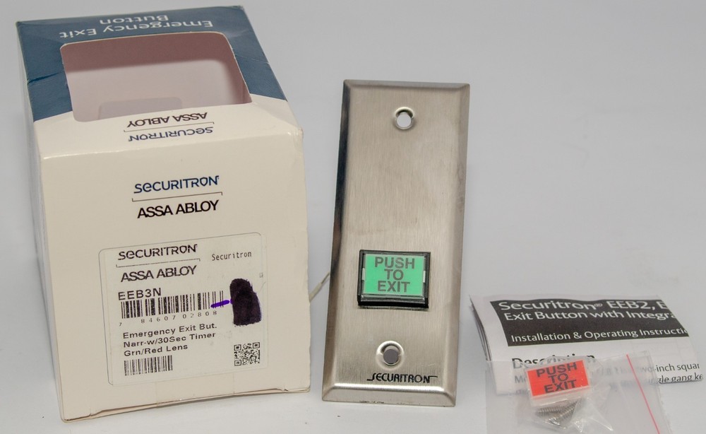 Securitron® Emergency Exit Button Narrow with 30sec Timer Grn/Red Lens (EEB3N)