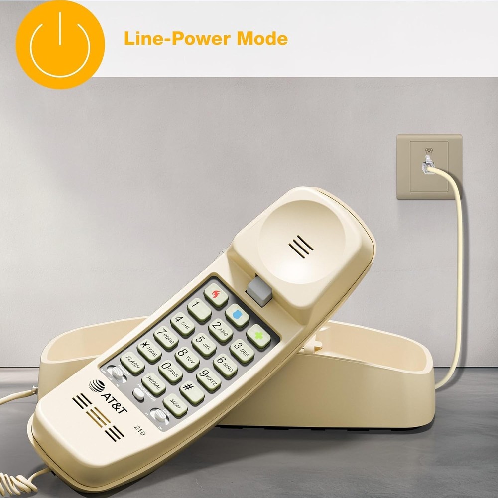 AT&T 210 Basic Trimline Corded Phone Single Line No AC Power Required Beige