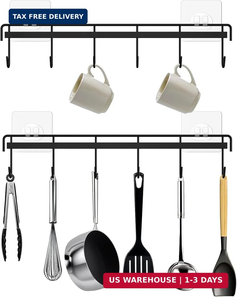 2 Pack No Drill Adhesive Rail with 12 Hooks Metal Organizer Kitchen Bathroom