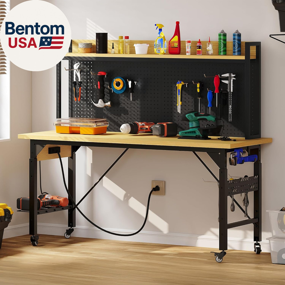60" Adjustable Workbench with Pegboard, Wheels & 1600 LB Capacity, Rolling Work