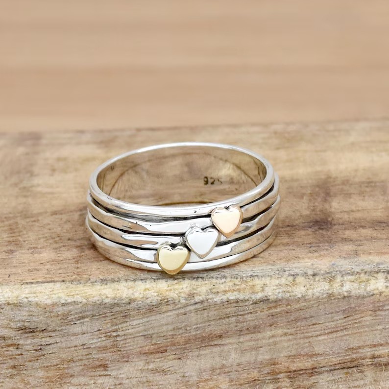 Solid 925 Sterling Silver Heart Spinner Meditation Worry Three-Color Mixed Ring