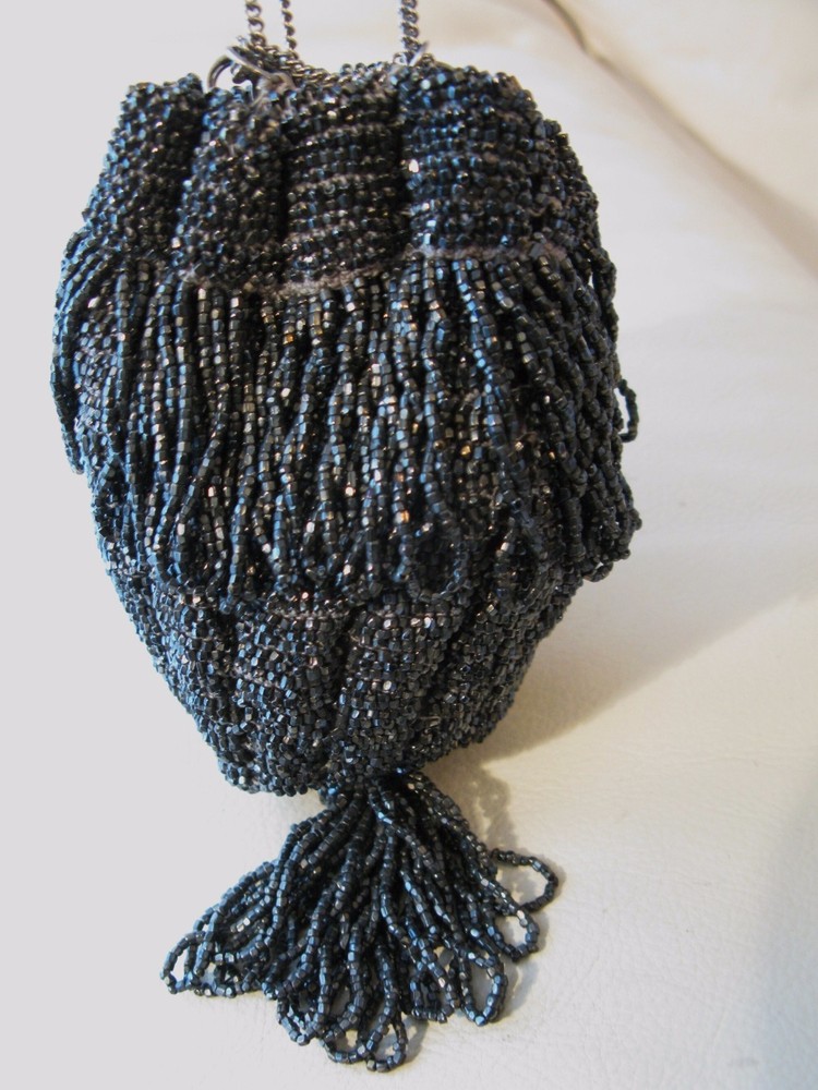 Antique Art Deco Crochet Silver Grey Bead Lined Chain Drawstring Flapper Purse