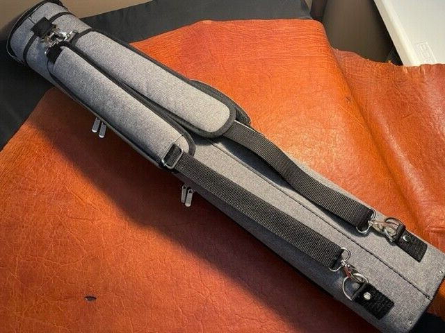 TNT 3x5 Grey Nylon Pool Cue Case. Blue interior. Back Pack Straps.