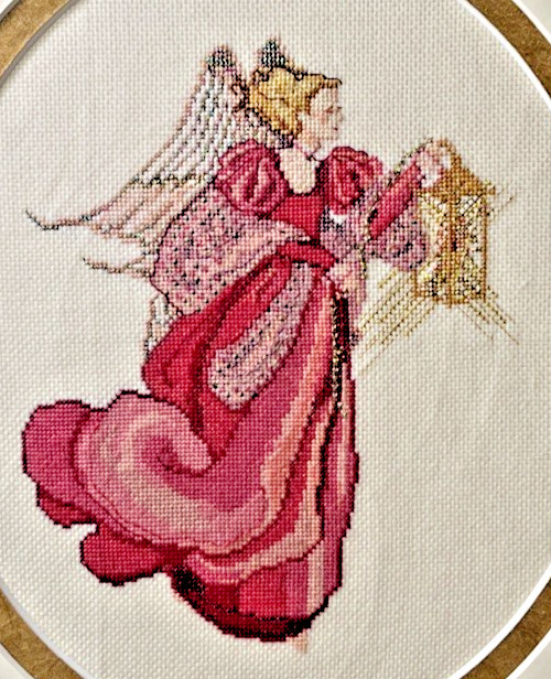 Completed Needlework VNTG. Framed Cross Stitch ANGEL Pink Spring Easter Sparkly!