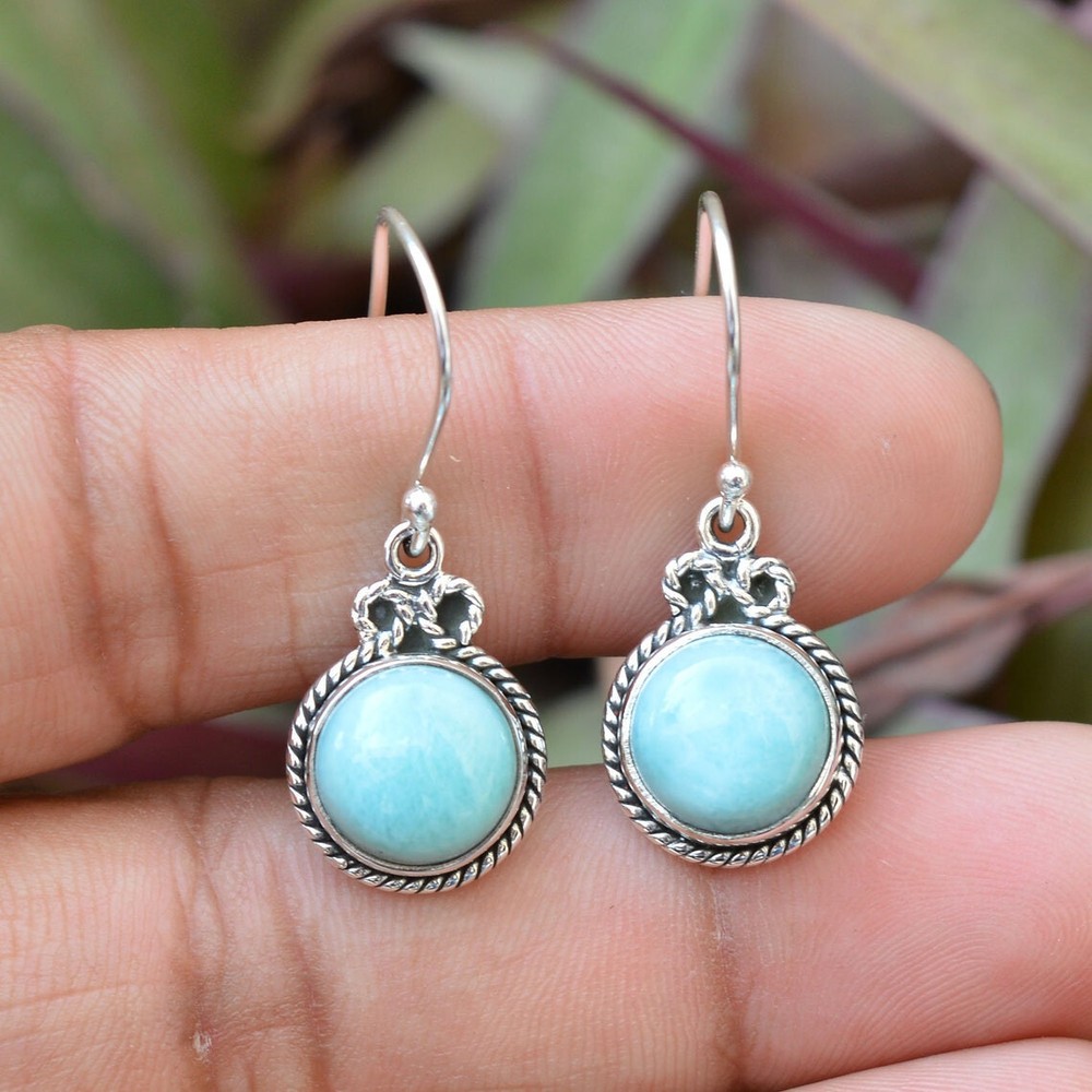 Natural Larimar 925 Solid Silver Handmade Women Dangle Drop Earring Jewelry #088