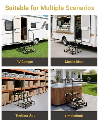 RV Steps with Handrail Heavy-Duty 3 Step Camper Entry Step Stairs for 3-Step