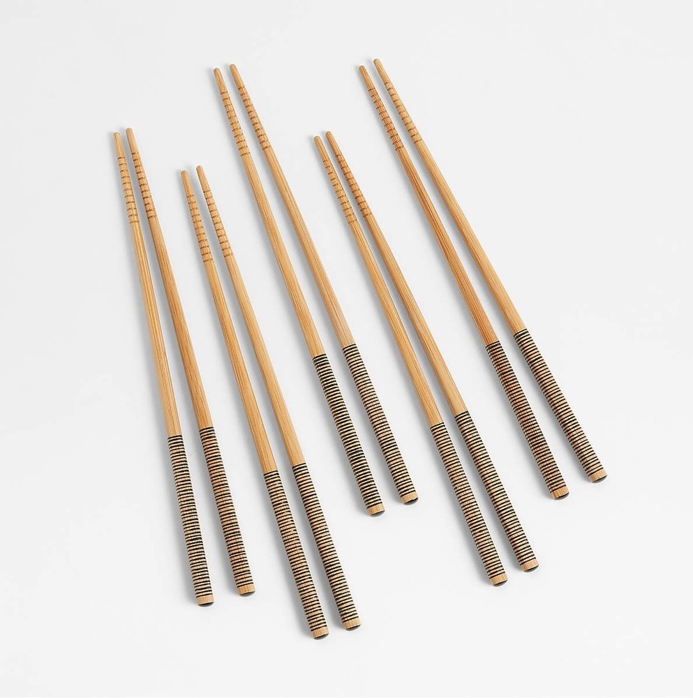Crate & Barrel  Excellent 5-Pair Black Stripe Design Bamboo Chopsticks