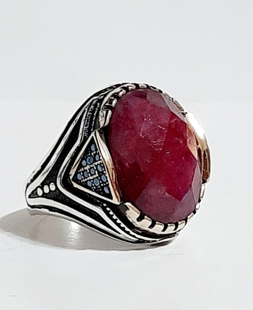 Mens 925 Ruby Turquoise Solitaire Silver Ring Man Sterling $