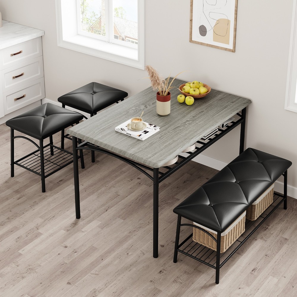 Dining Set Table with Wine Rack and 2 Upholstered Stools Bench for Small Kitchen