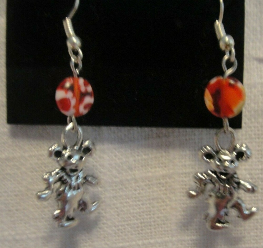 GRATEFUL DEAD DANCING BEARGLASS BEAD EARRING-RED