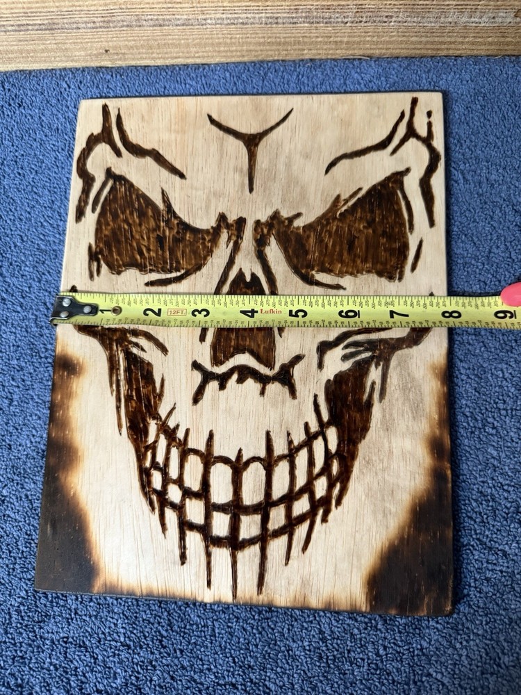 Handmade Pyrography Full Face Skull 8x10” Wall Hanging